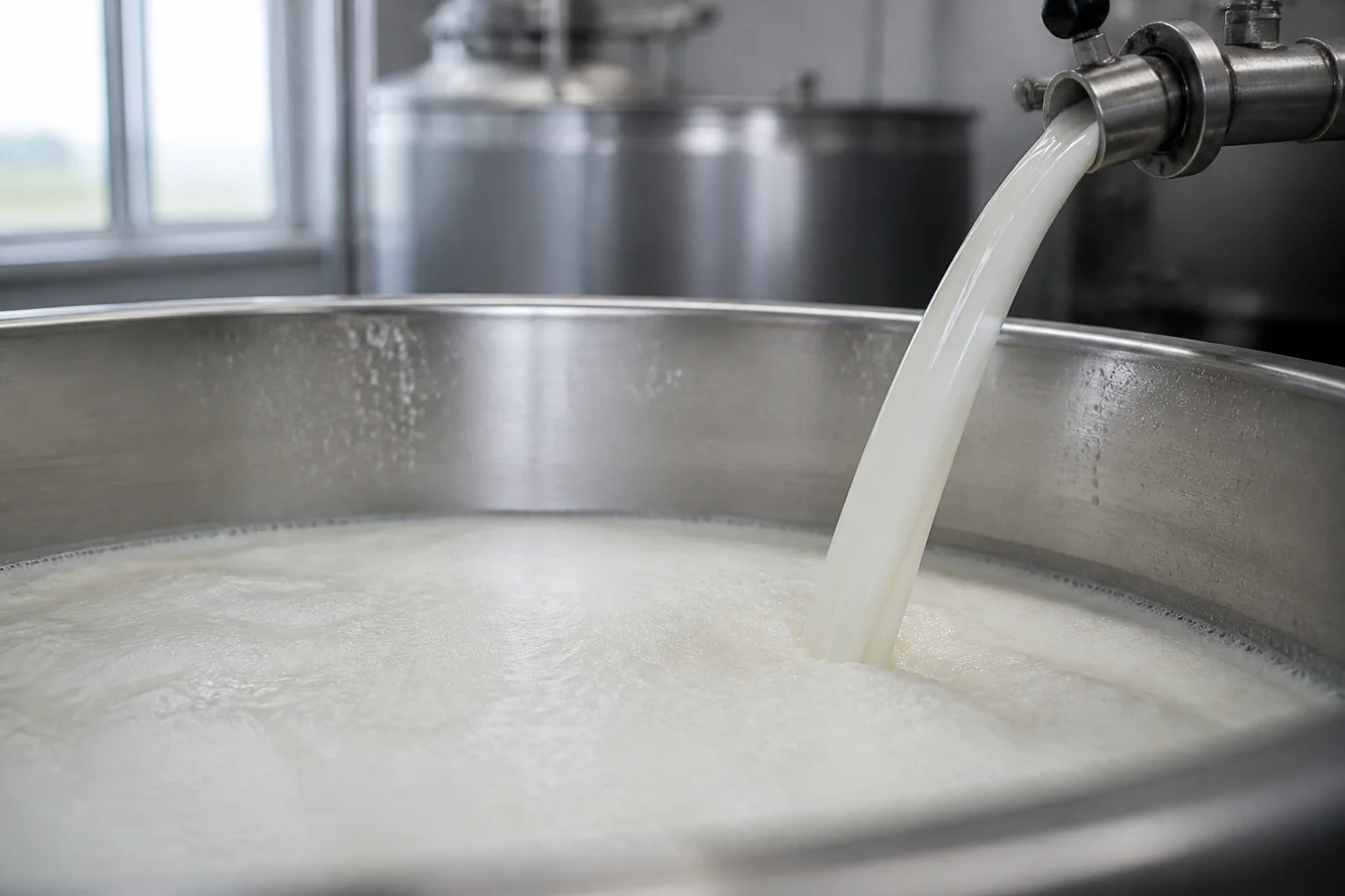 Bio-Milch fließt in einen Edelstahlbehälter der Hofmolkerei