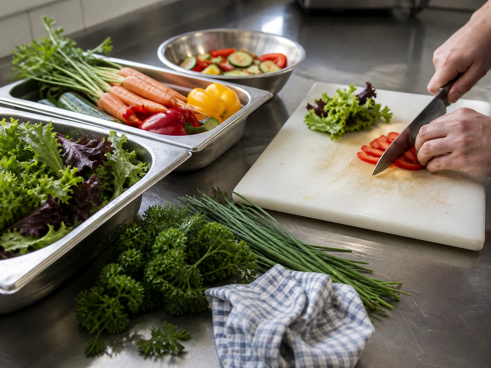 Mise en Place mit frischem Gemüse, Kräutern und Salaten