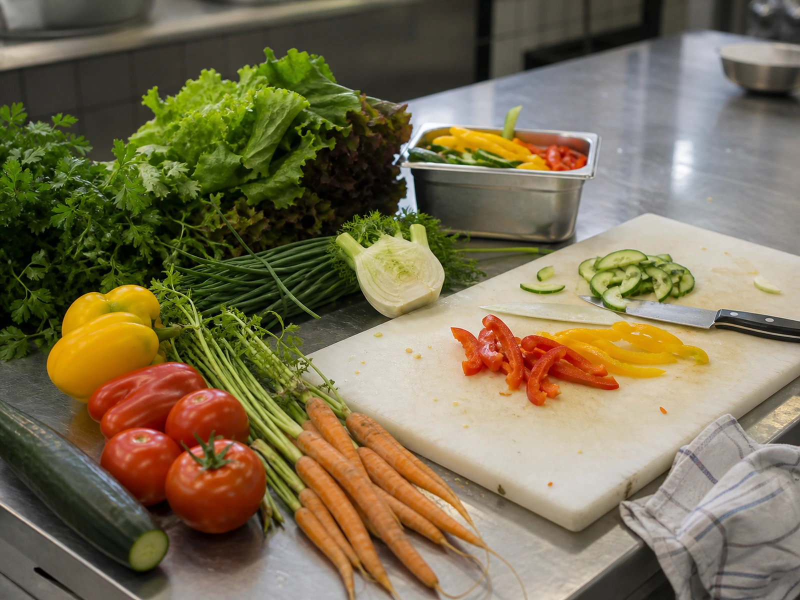 Professionelles Mise en Place mit Gemüse, Kräutern und Salaten