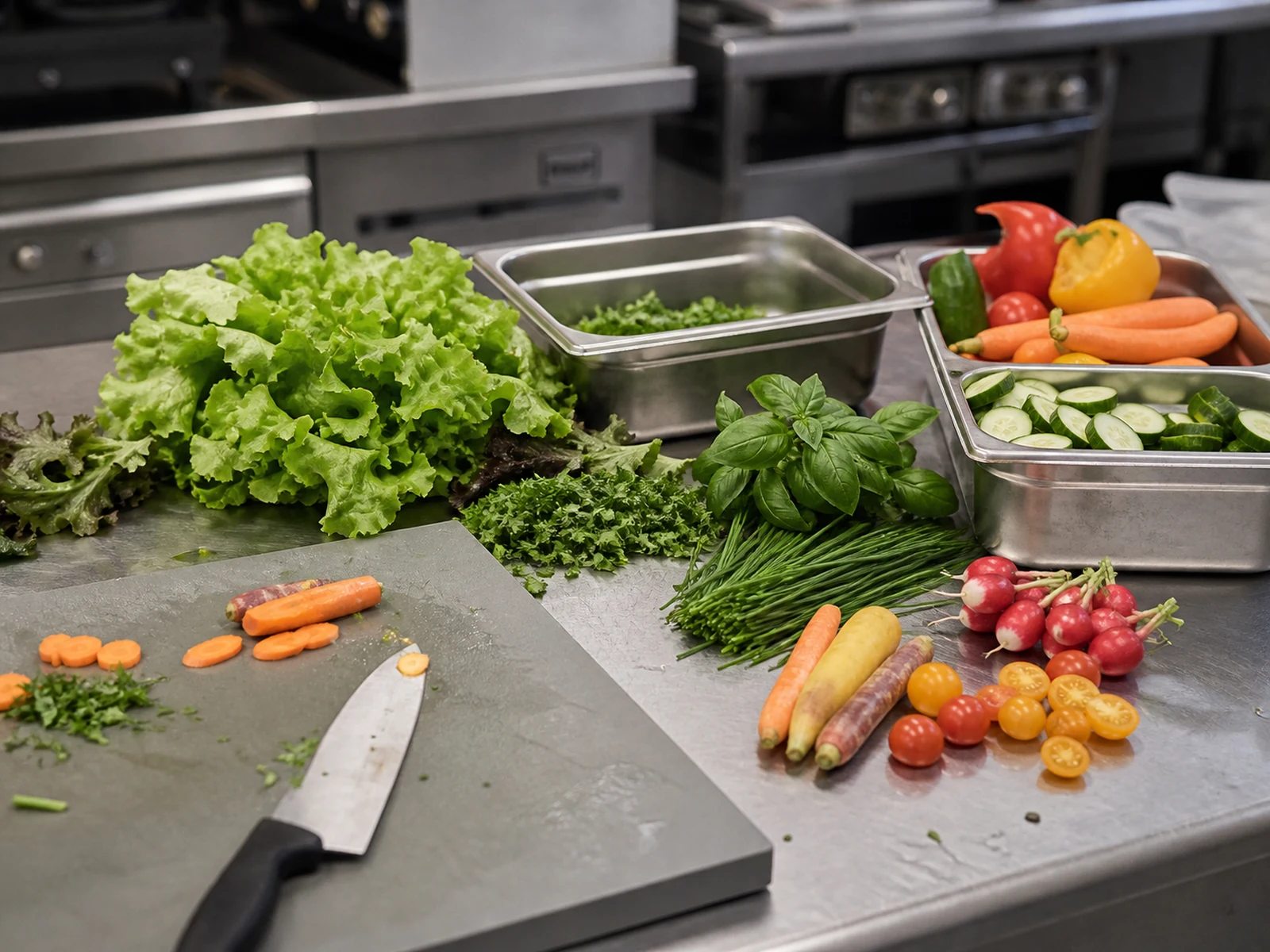 Professionelles Mise en Place mit frischem Gemüse, Kräutern und Salaten