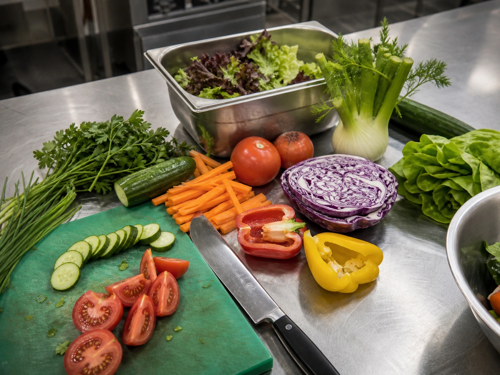 Professionelles Mise en Place mit frischem Gemüse, Kräutern und Salaten