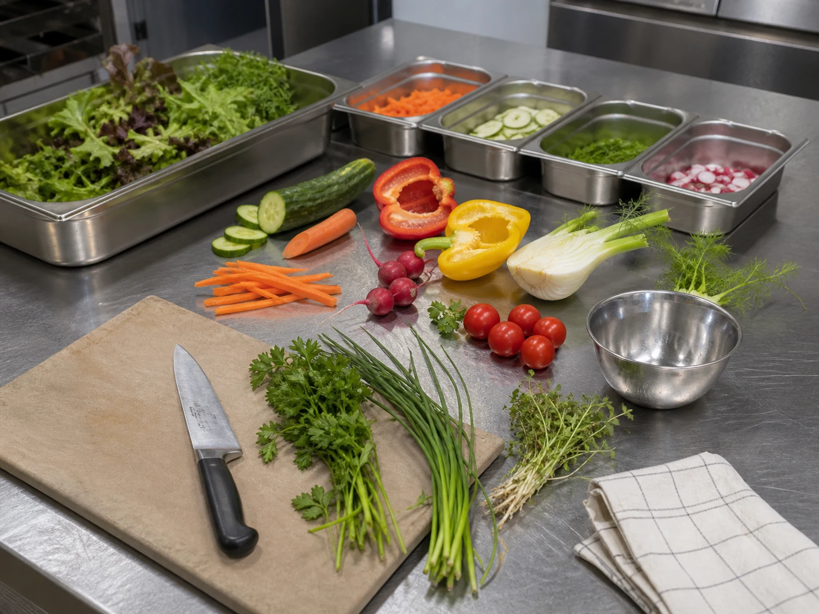 Professionelles Mise en Place mit frischem Gemüse, Kräutern und Salaten