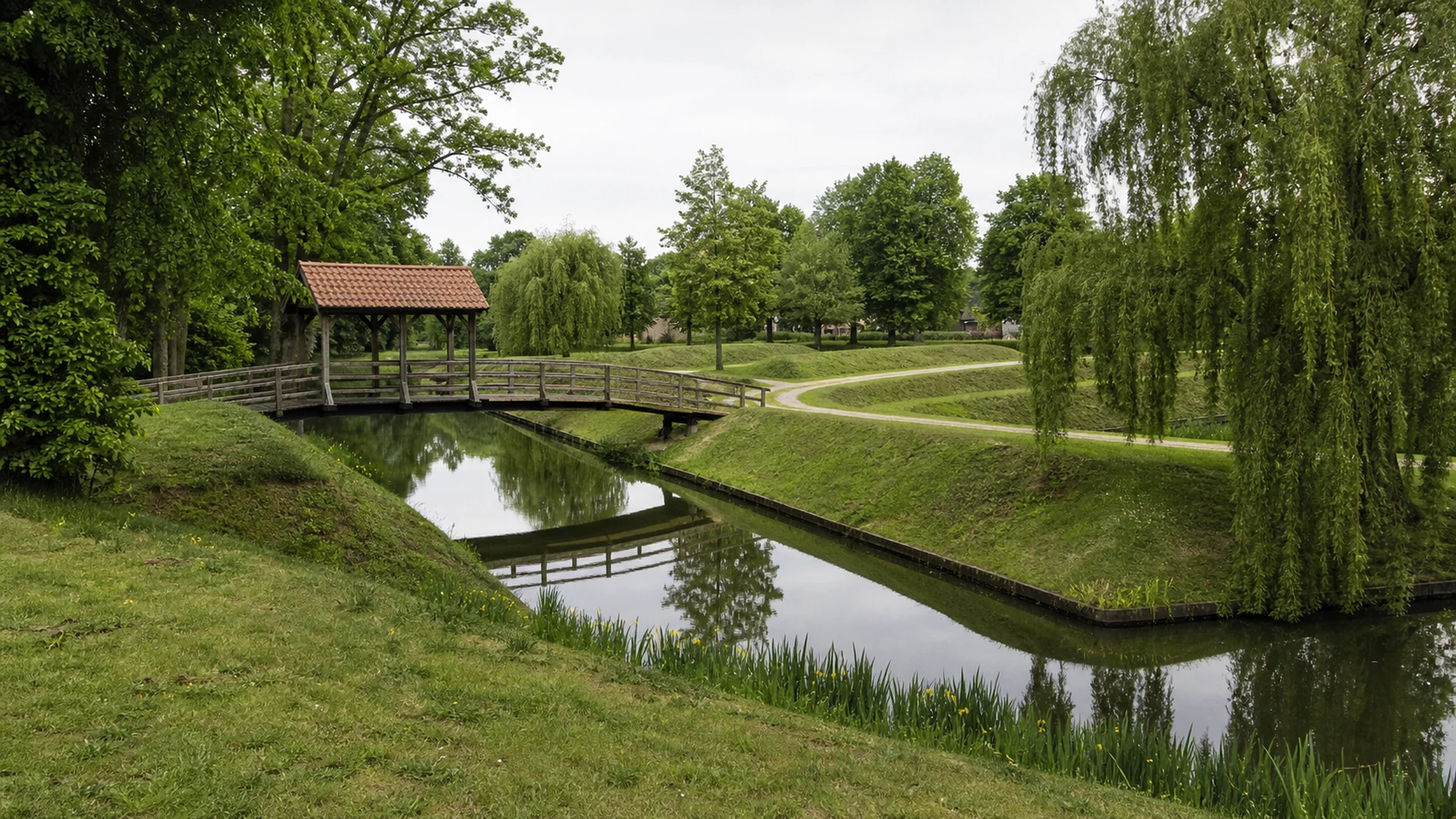 Wassergräben und Holzbrücke im Zitadellenpark Vechta