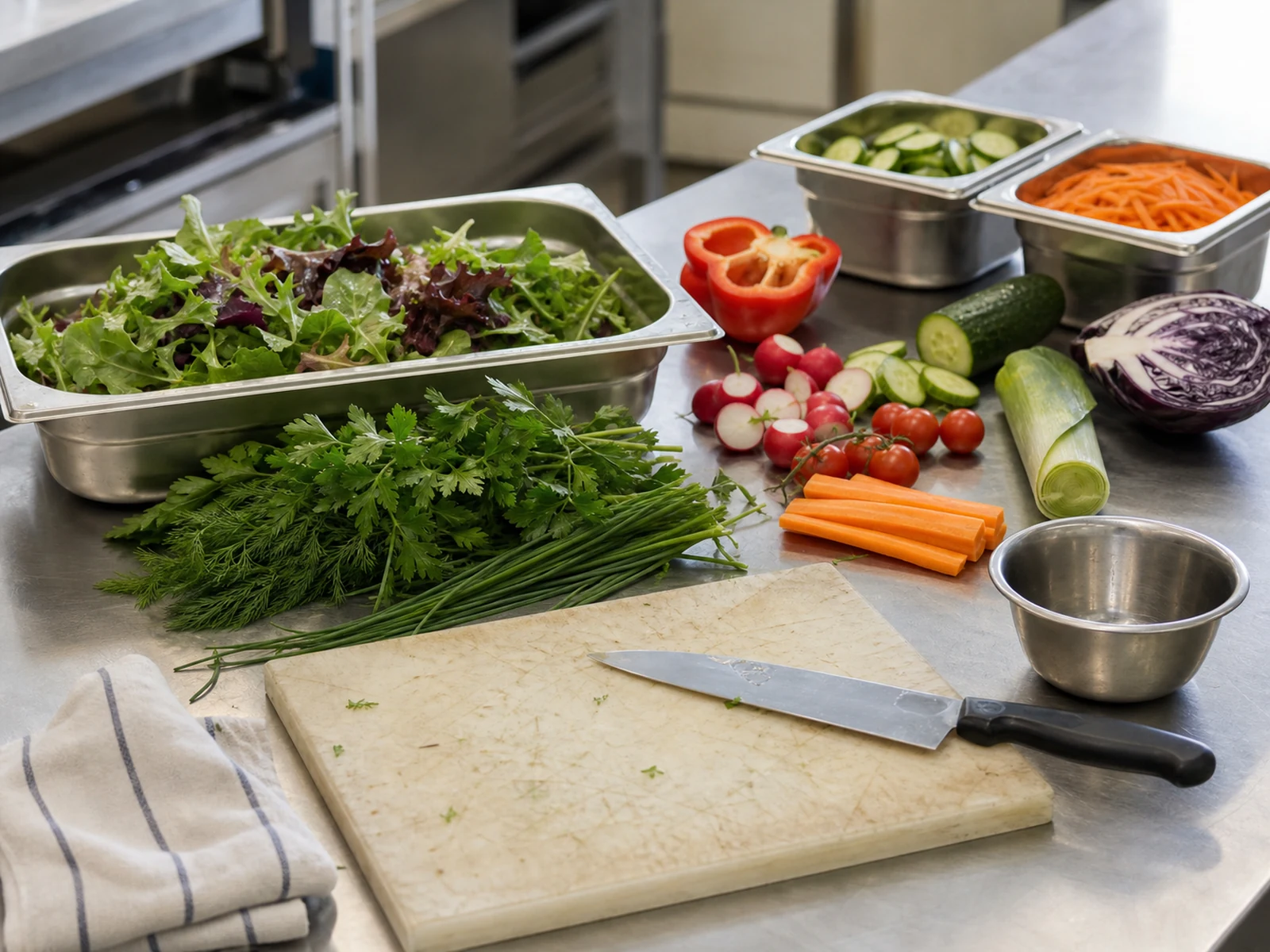 Professionelles Mise en Place mit frischem Gemüse, Kräutern und Salaten