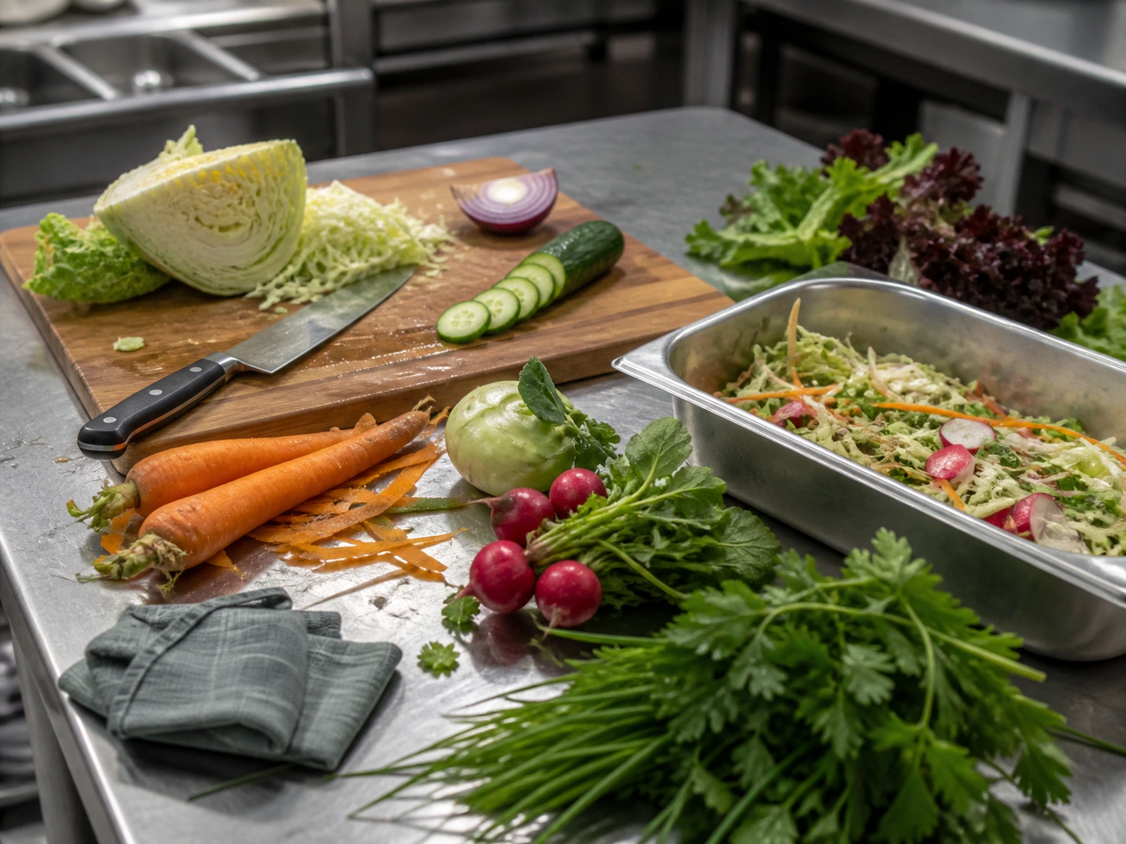 Professionelles Mise en Place mit frischem Gemüse, Kräutern und Salaten