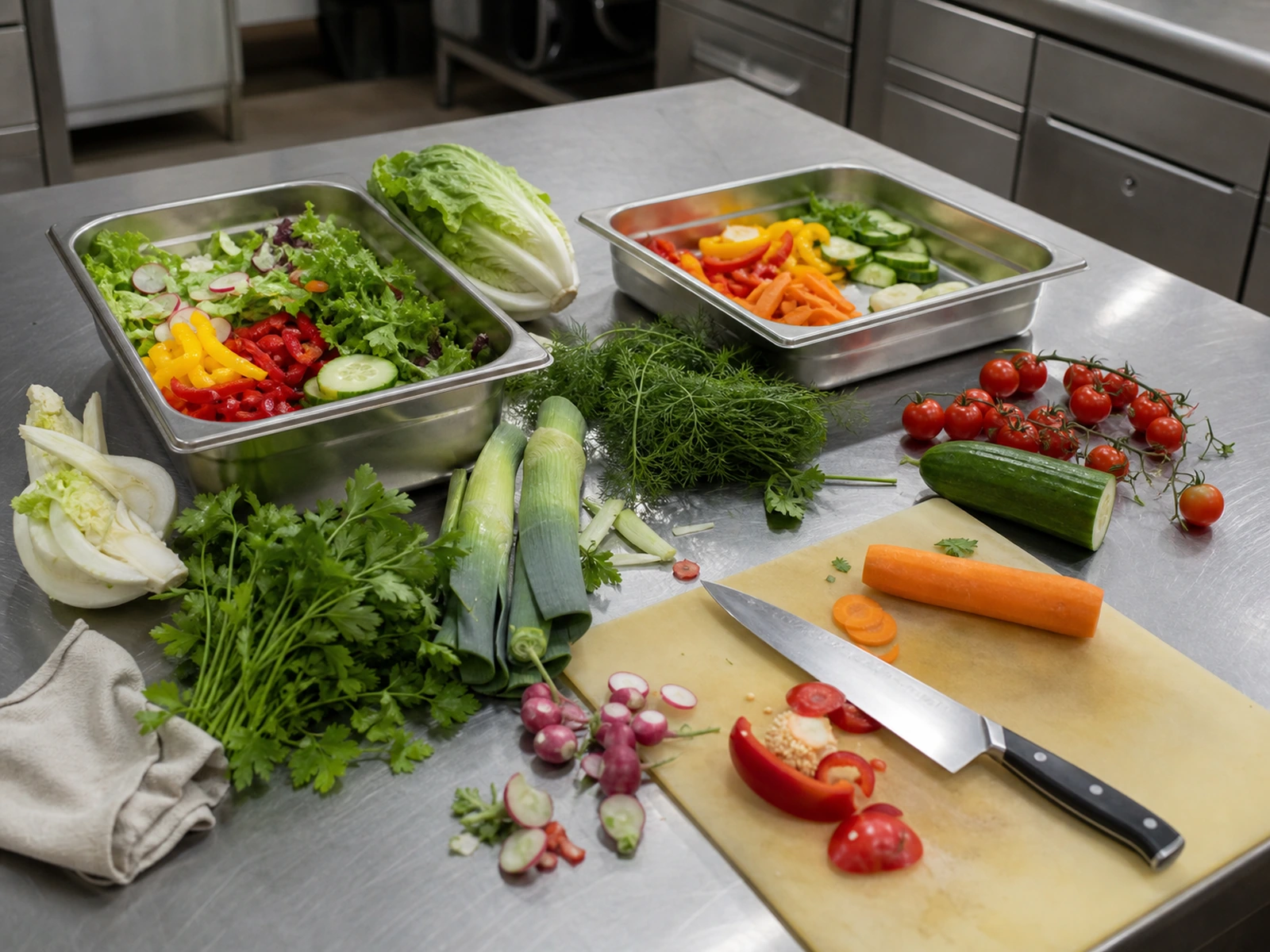 Professionelles Mise en Place mit frischem Gemüse, Kräutern und Salaten