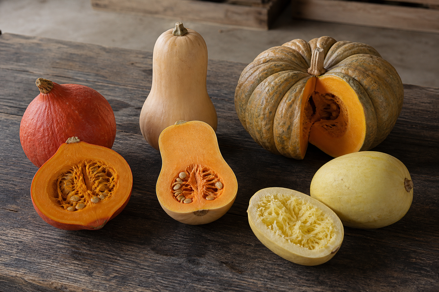 Gestaltetes Küchenmotiv mit Hokkaido, Butternut, Spaghetti- und Muskatkürbis