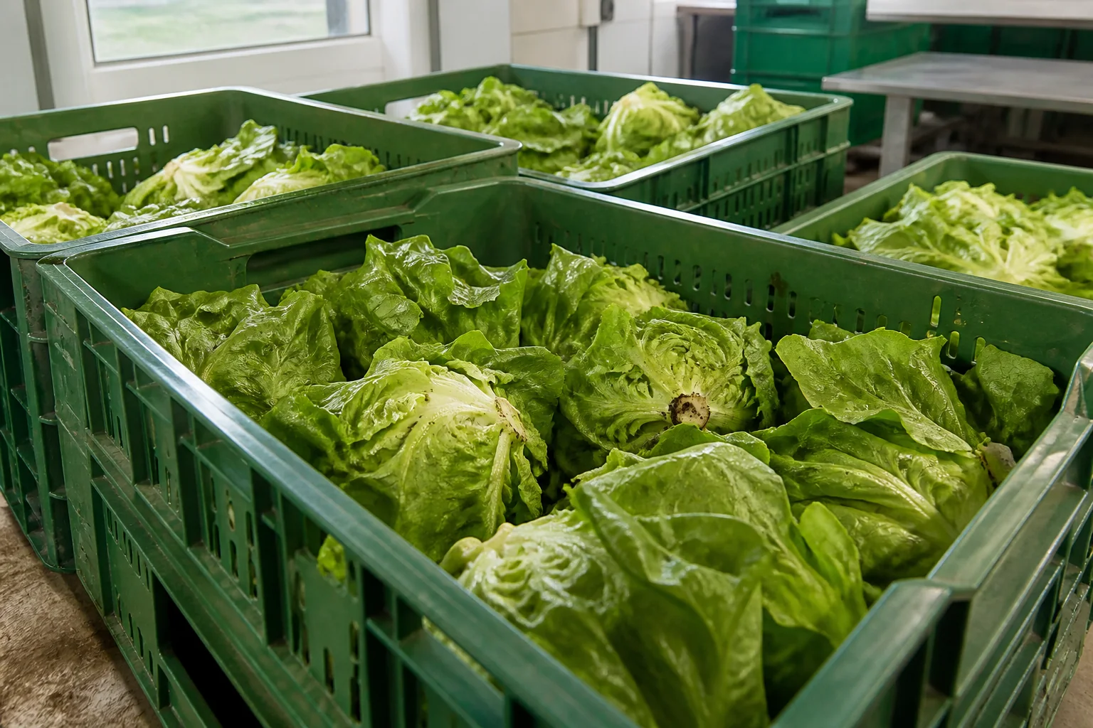 Geerntete Salatköpfe in neutralen Mehrwegkisten