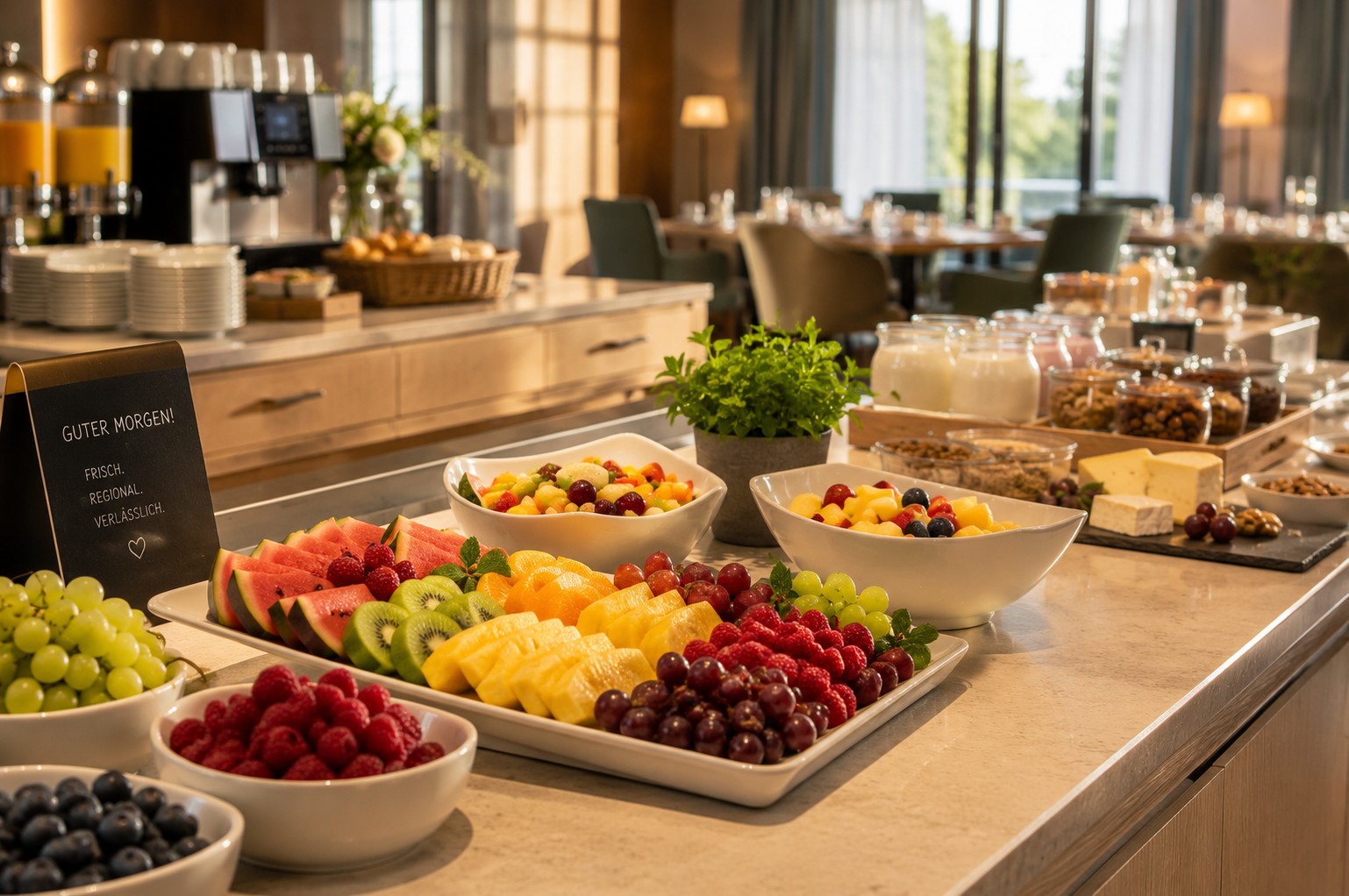 Frisches Hotelbuffet mit Obst, Gemüse und Salaten