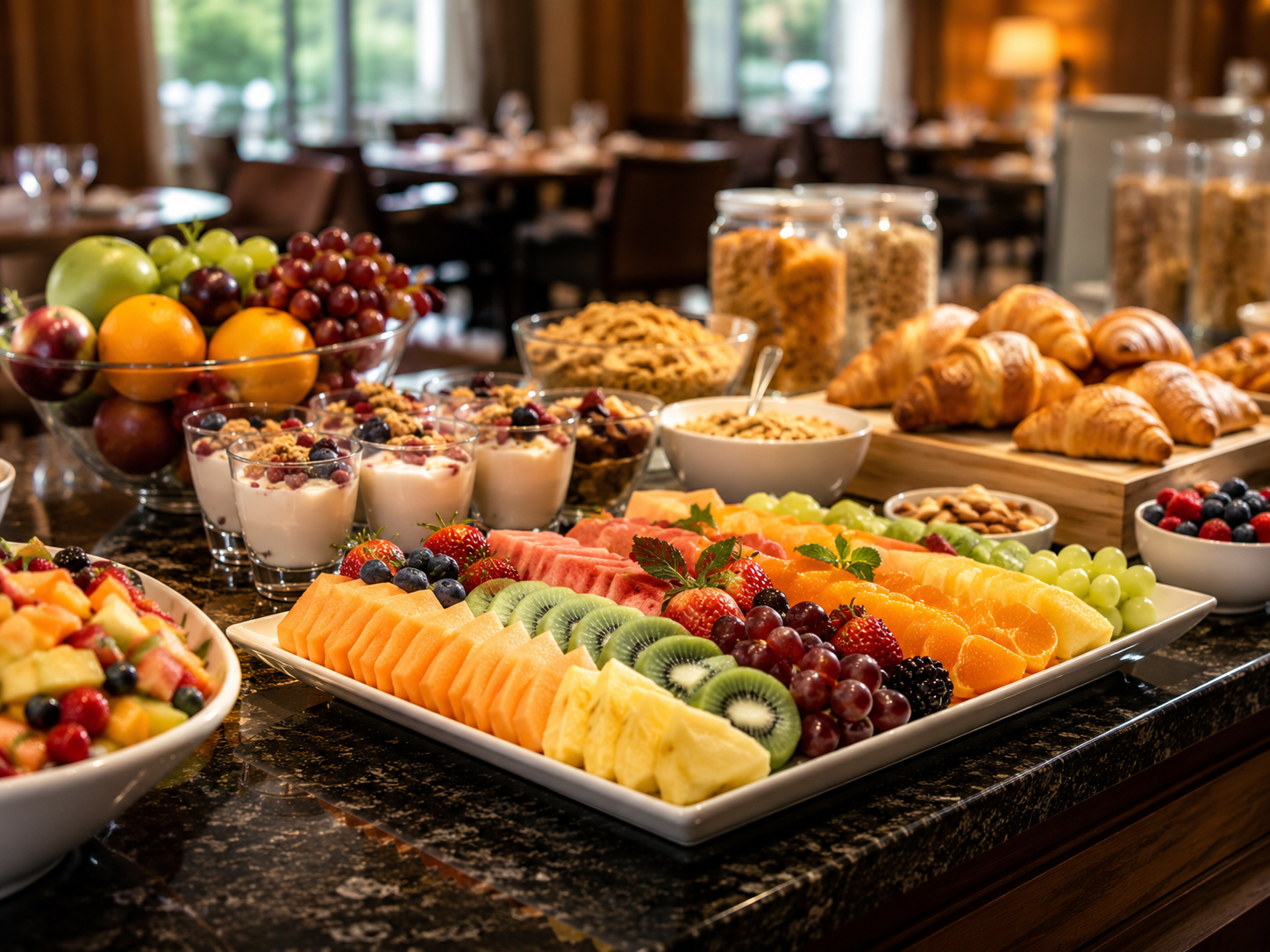 Reichhaltiges Frühstücksbuffet mit frischem Obst