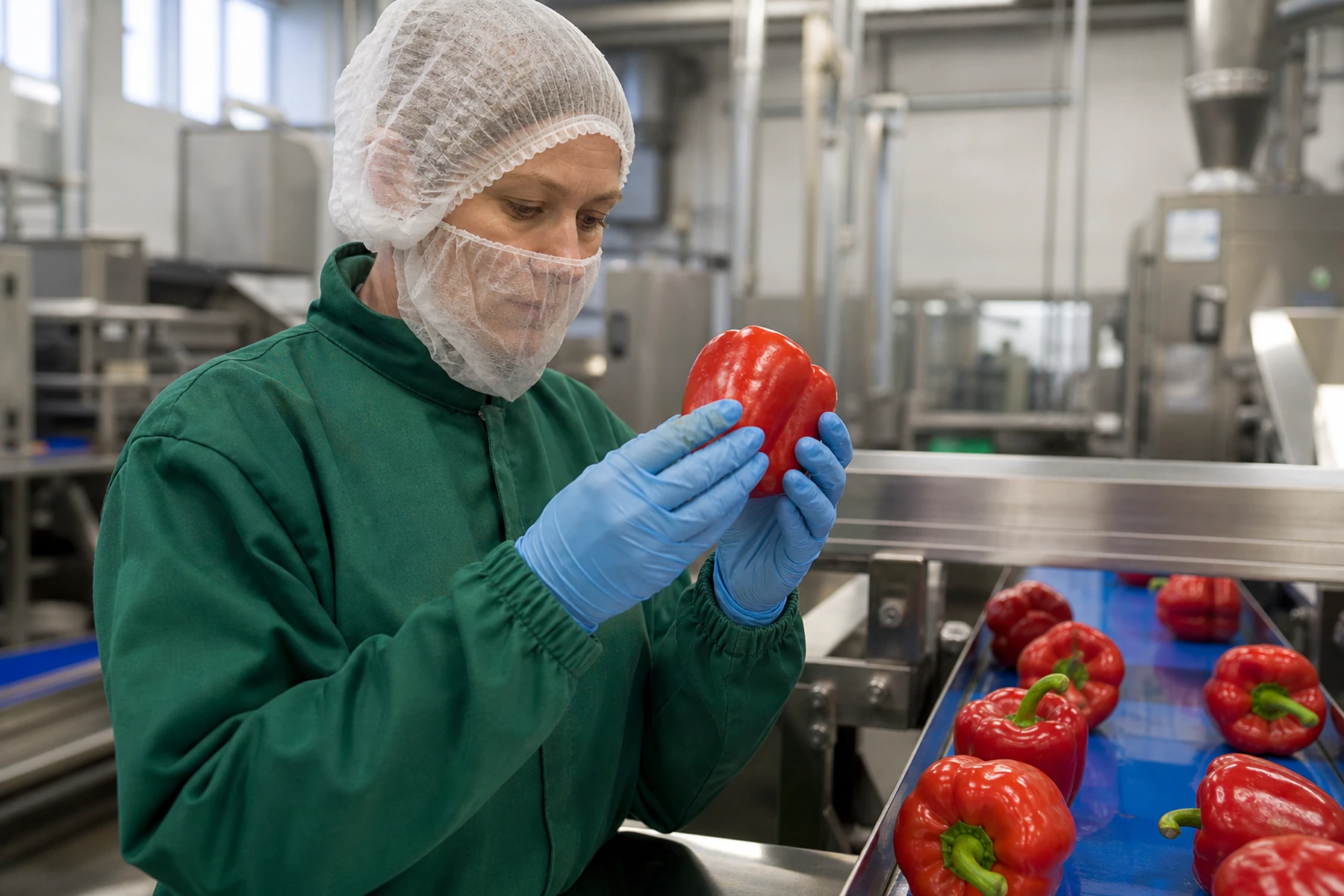 Kontrolle einzelner roter Paprika an einer Edelstahlstation