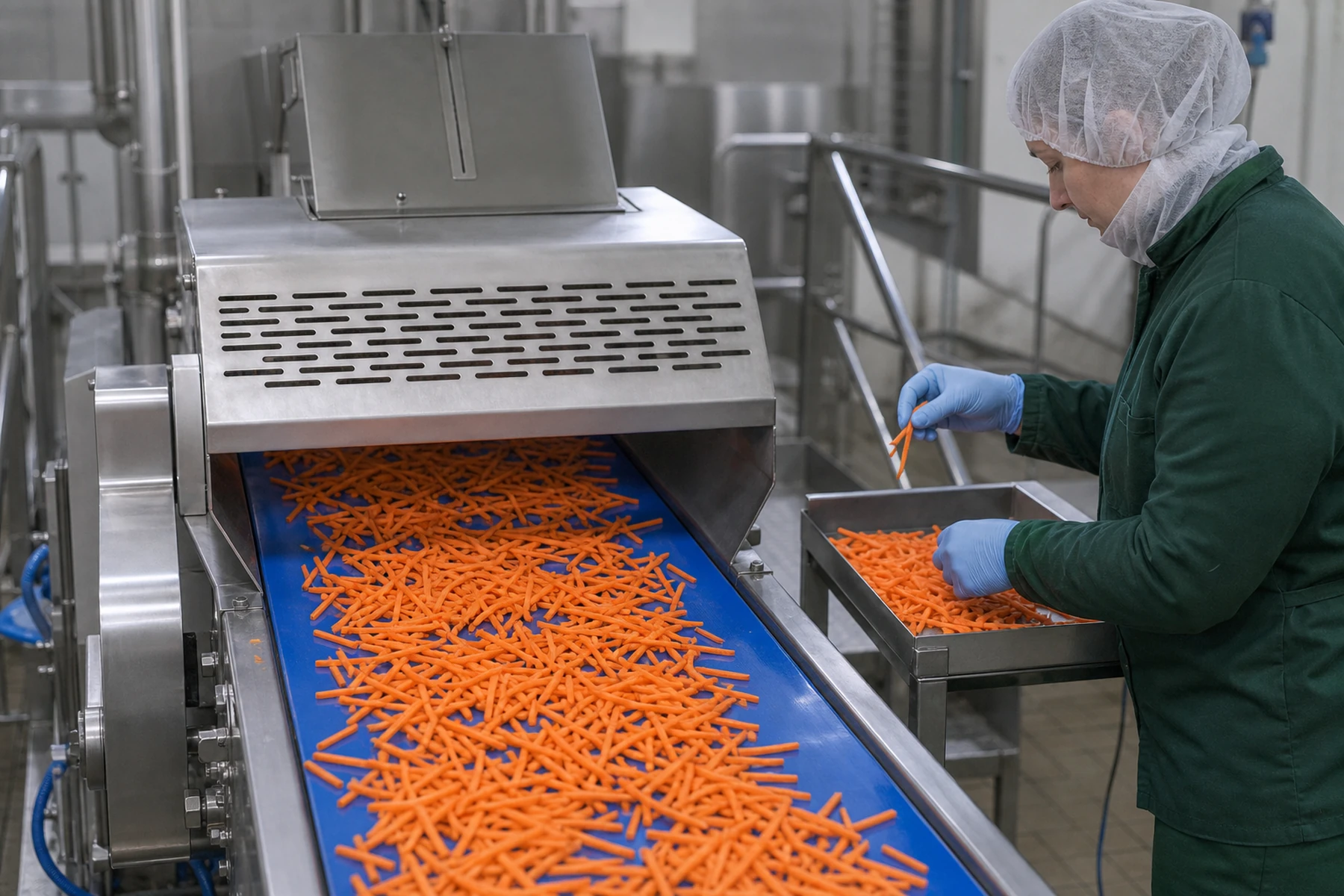 Möhren-Julienne am geschützten Auslauf einer Schneidemaschine