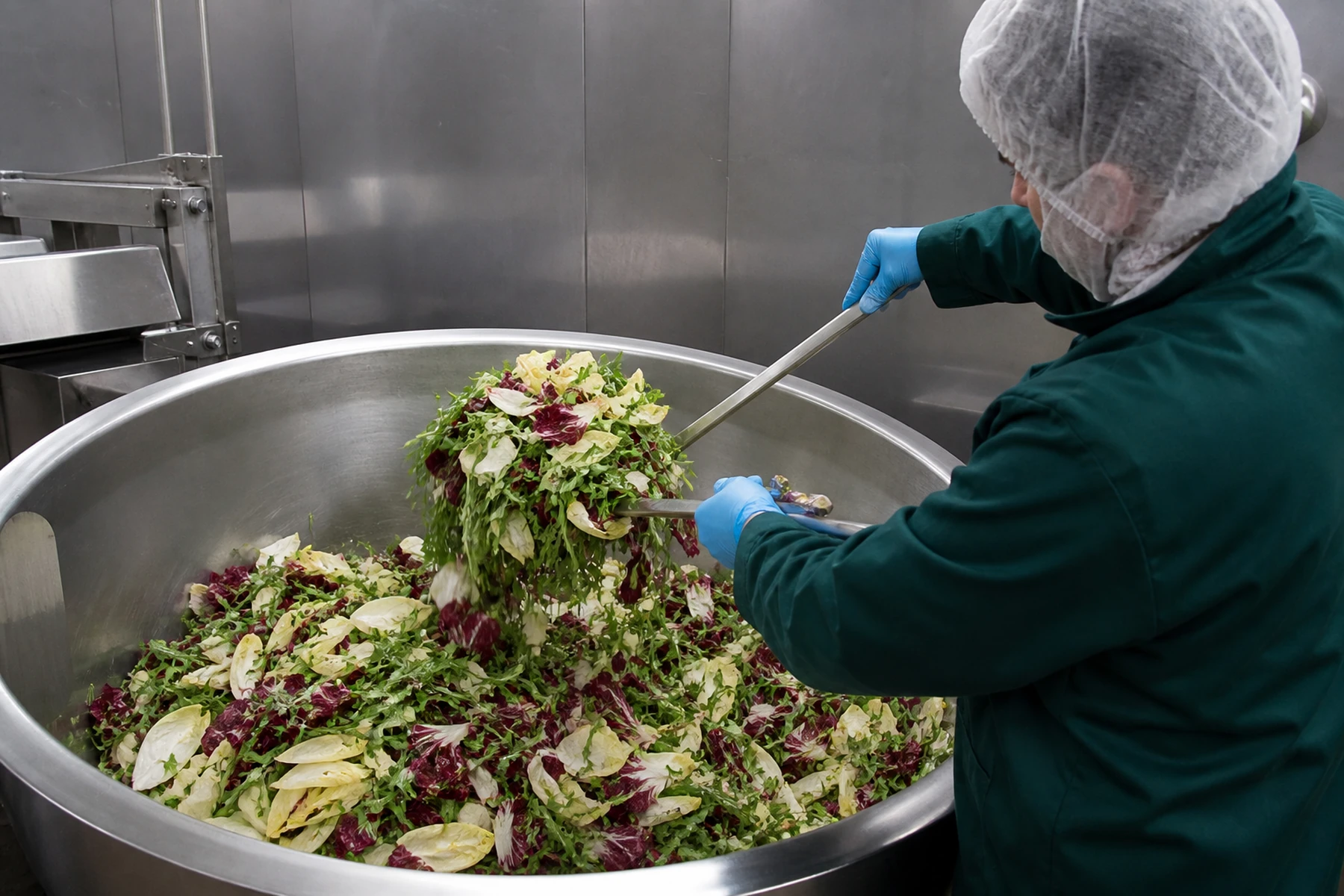 Salatmischung aus Zuckerhut, Radicchio und Rucola in einer Edelstahlwanne
