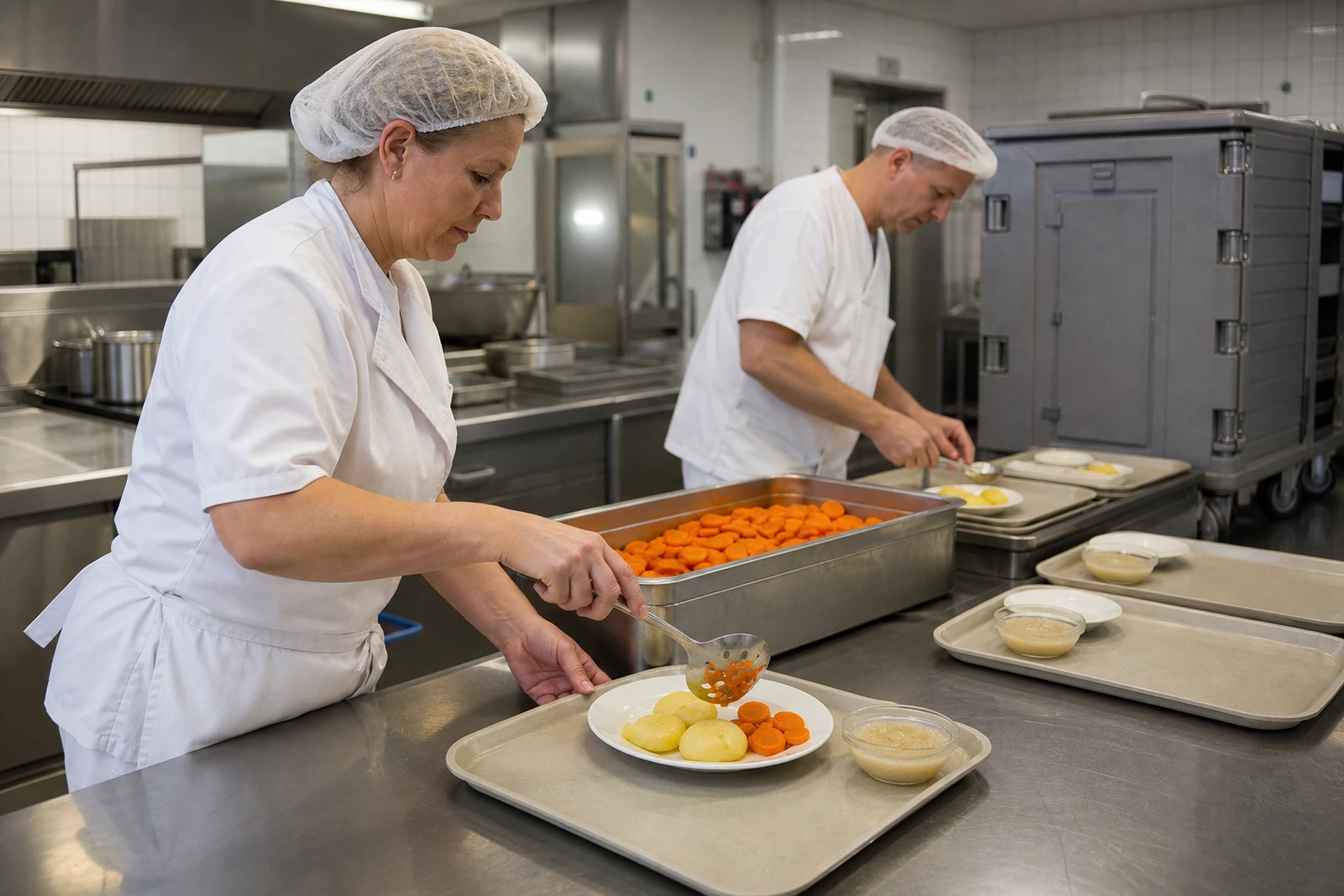 Typische Krankenhausküche bei der Portionierung eines warmen Mittagessens
