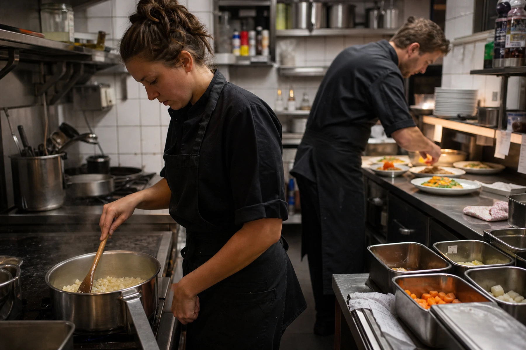 Typische Restaurantküche beim Anschwitzen vorbereiteter Zwiebelwürfel