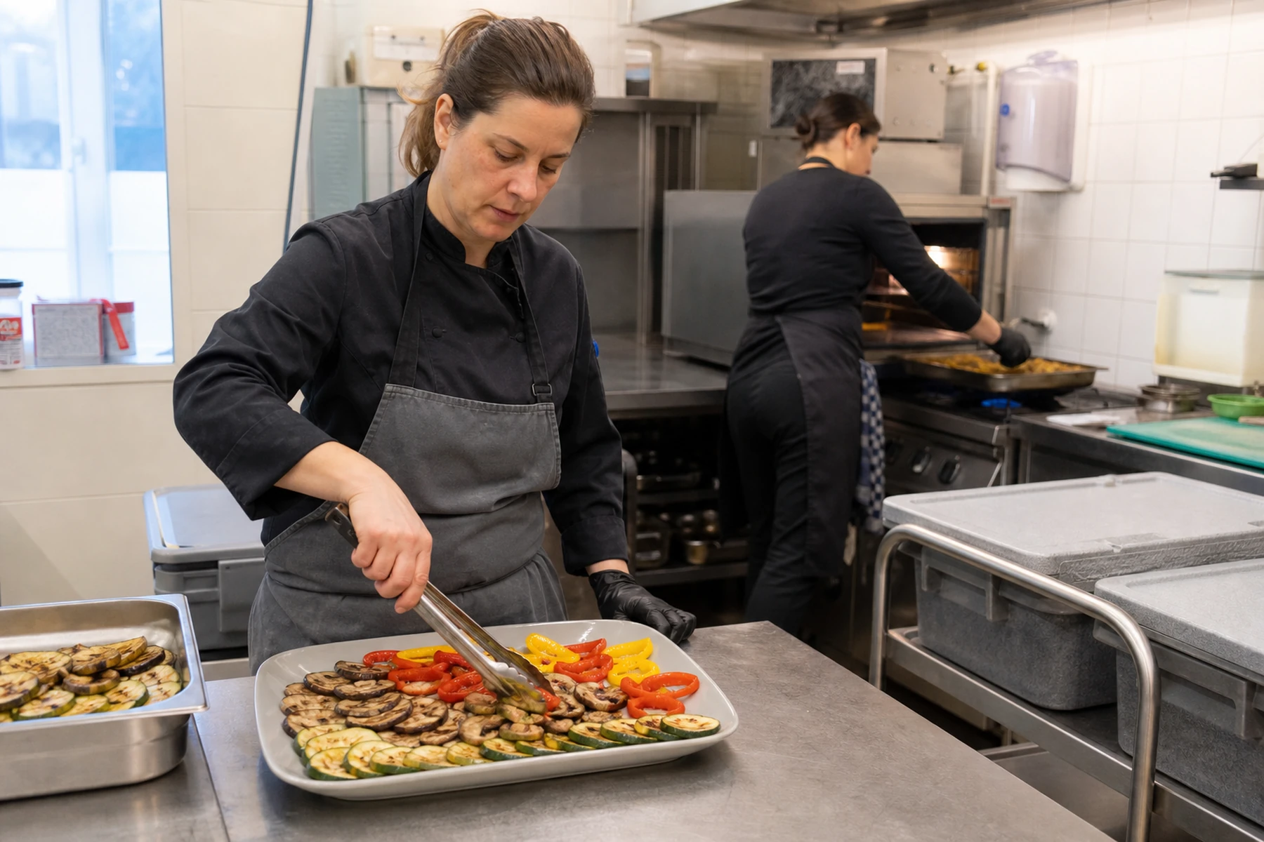 Typische Cateringküche beim Anrichten gegrillter Antipasti