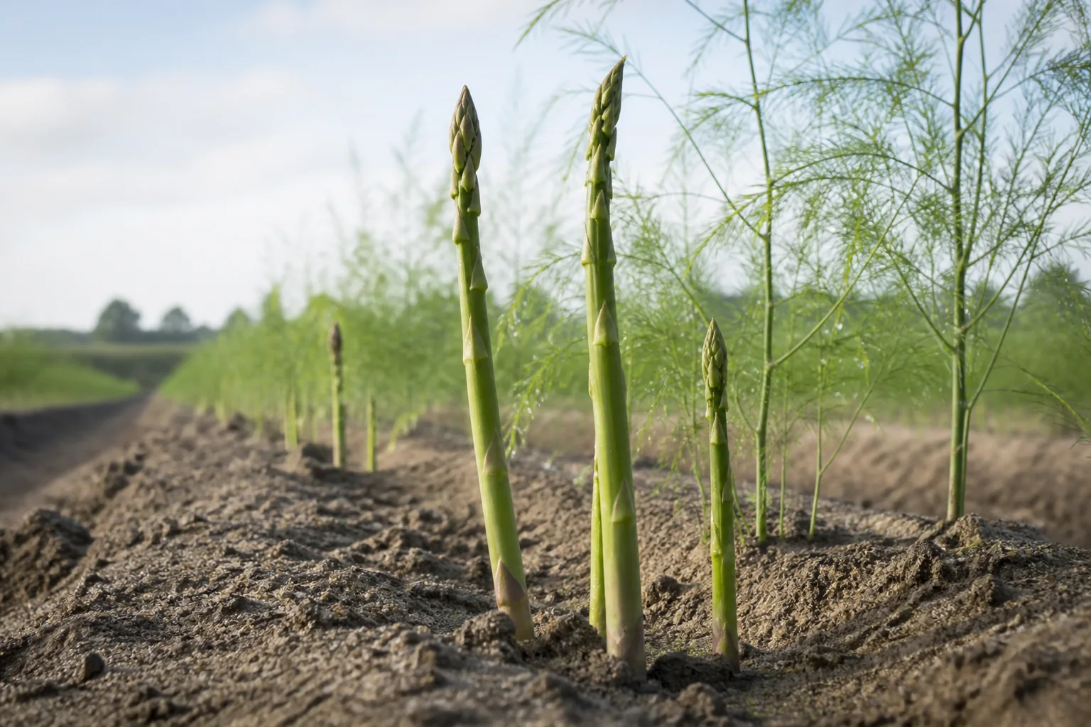 Grüner Spargel wächst oberhalb der Erde