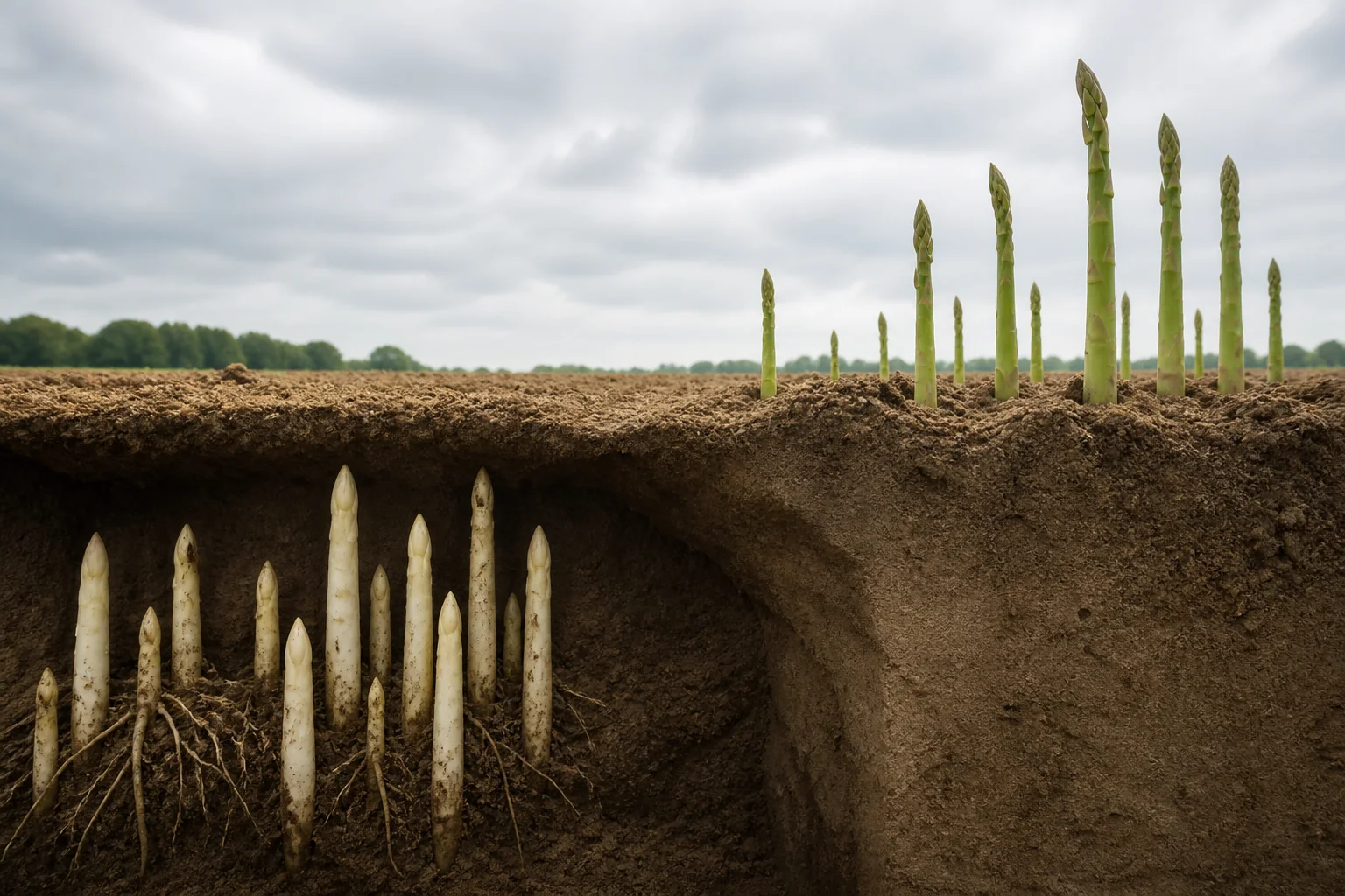 Weißer Spargel unter und grüner Spargel über einer Bodenlinie