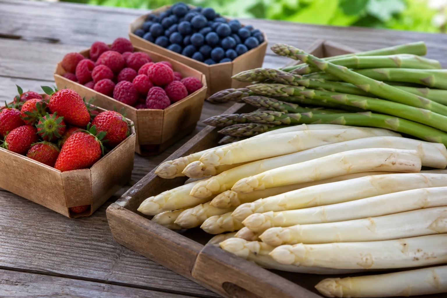 Spargel, Erdbeeren, Himbeeren und Heidelbeeren als Saisonprodukte