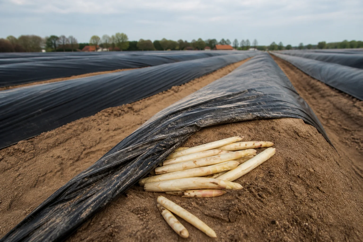 Weißer Spargel an einem geöffneten Spargeldamm