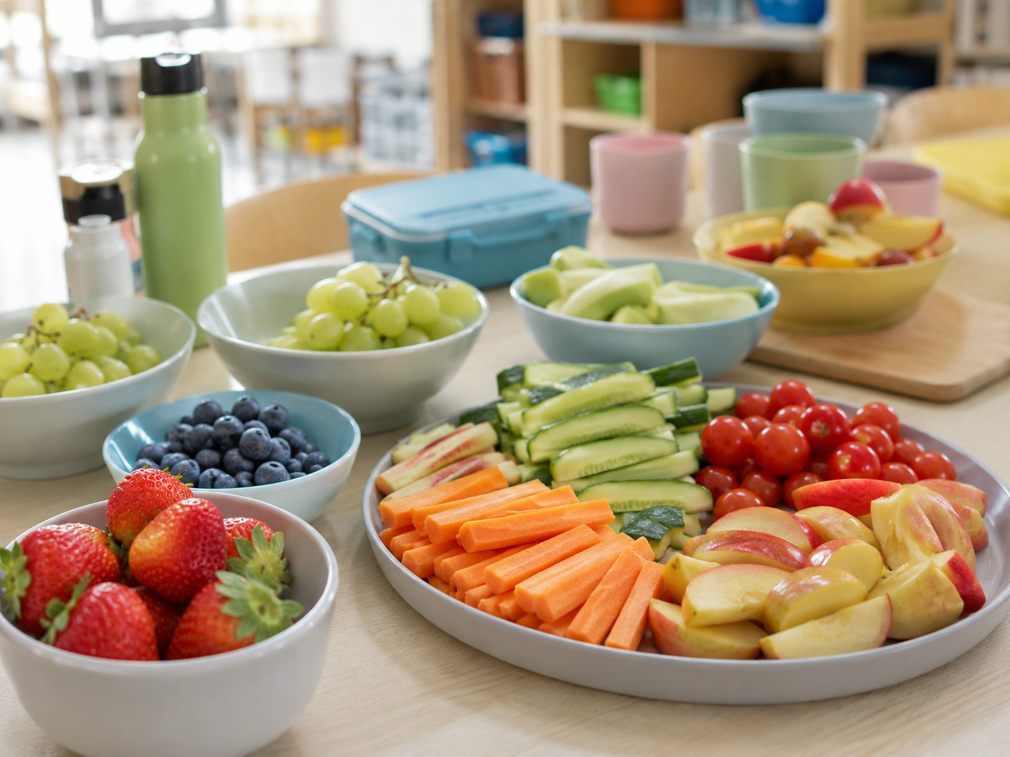 Kinder mit frischem Obst und Gemüse in einer Bildungseinrichtung