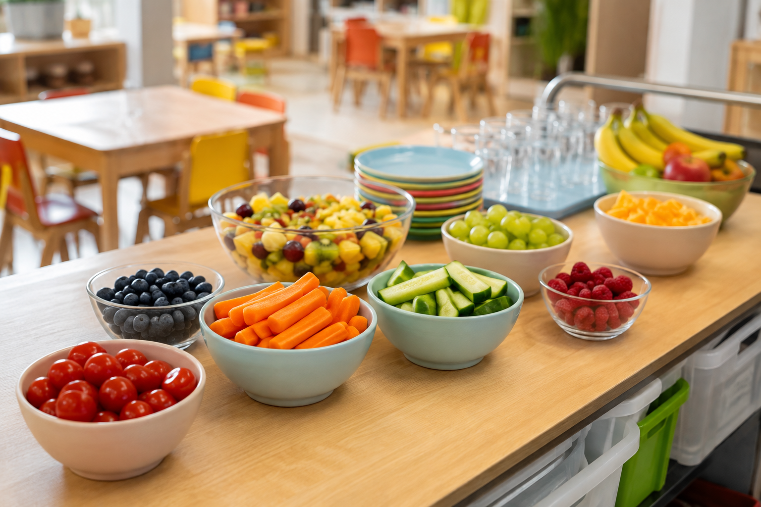 Vorbereitete Rohkost und Obst für Kita und Schule