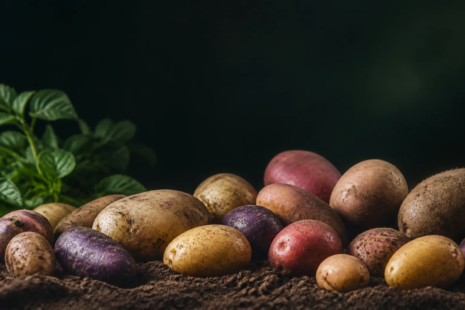 Verschiedene Kartoffelsorten auf dunkler Erde