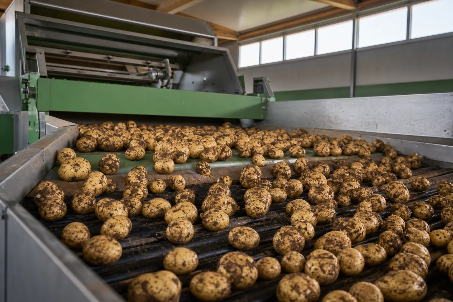 Frisch geerntete Kartoffeln auf einer neutralen Sortieranlage