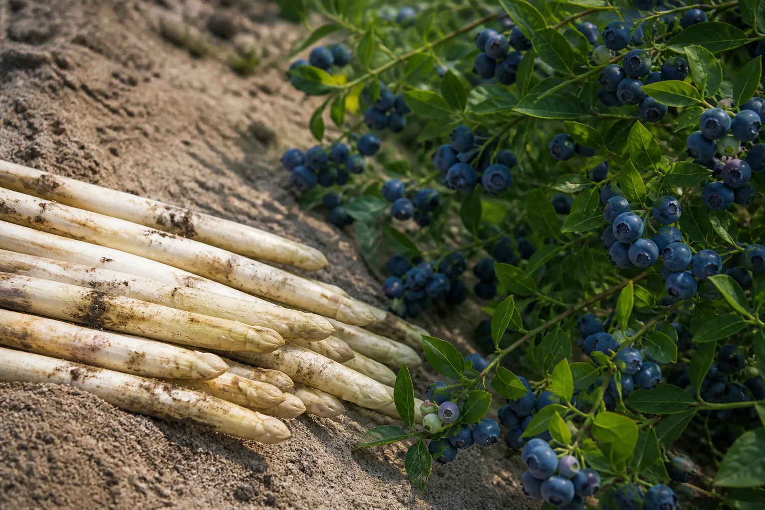Weißer Spargel und Heidelbeeren als saisonaler Kontrast