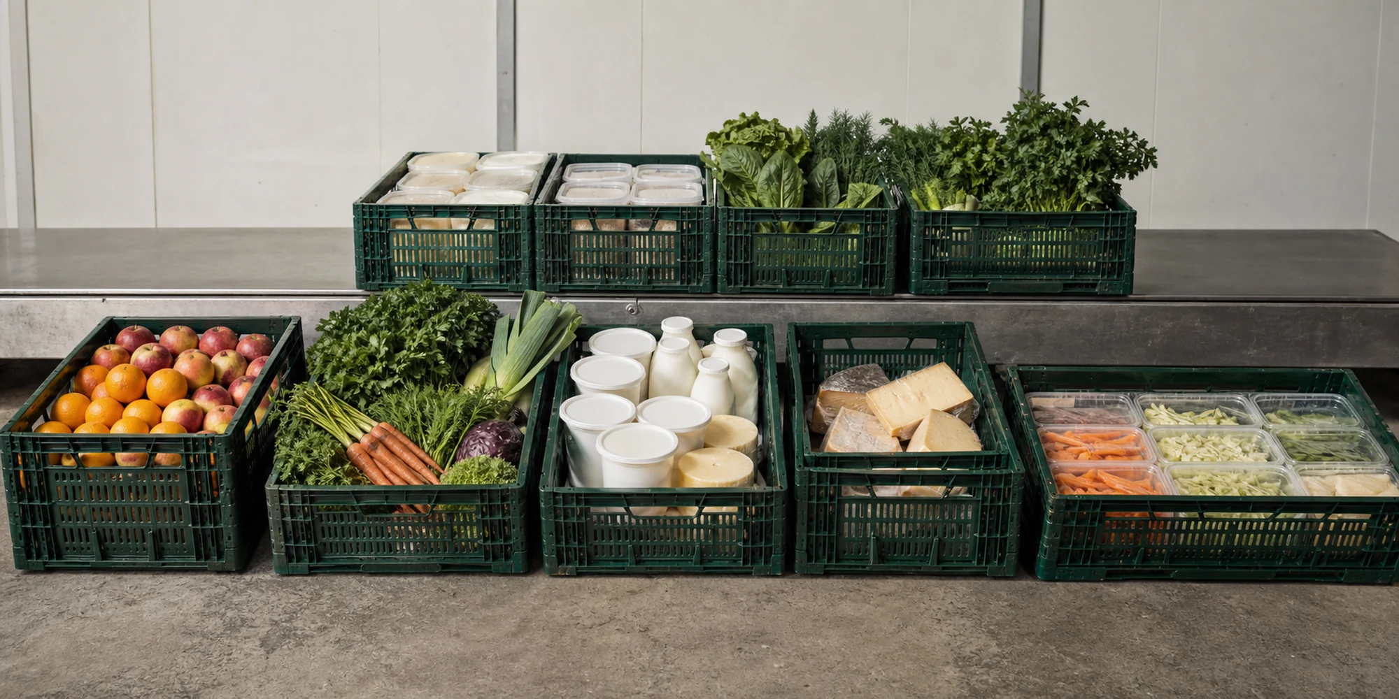 Gebündelt gepackte Mehrwegkisten mit verschiedenen Warengruppen für Profiküchen