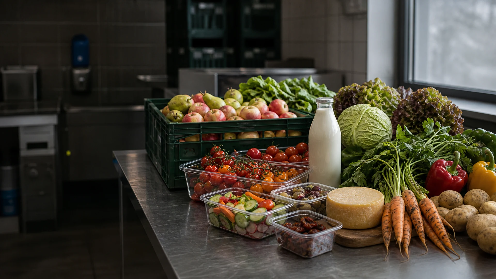 Sortiment aus Obst, Gemüse, Kräutern, Molkerei, Feinkost und küchenfertigen Produkten