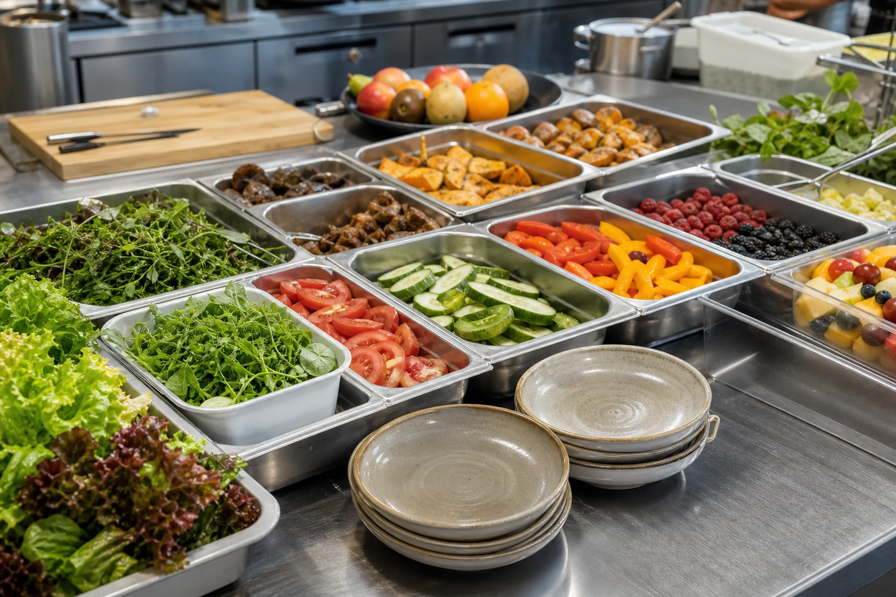 Frische Zutaten als Mise en Place für Buffet, Salatbar und warme Profiküche