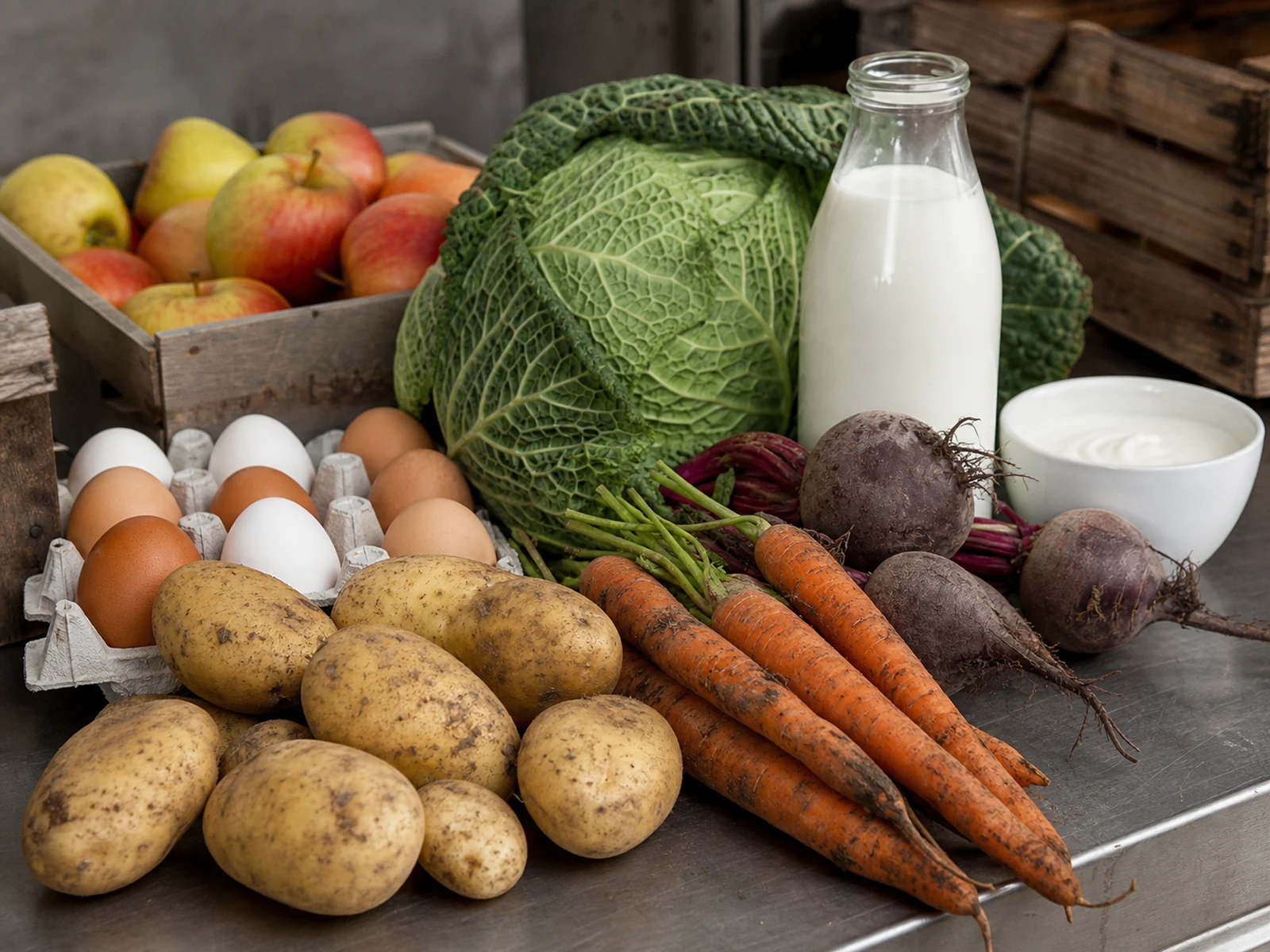 Saisonales Gemüse, Kartoffeln, Eier und Molkereiprodukte aus regionalem Umfeld