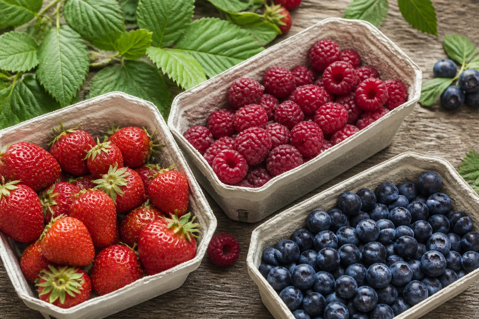 Erdbeeren, Himbeeren und Heidelbeeren in neutralen Ernteschalen